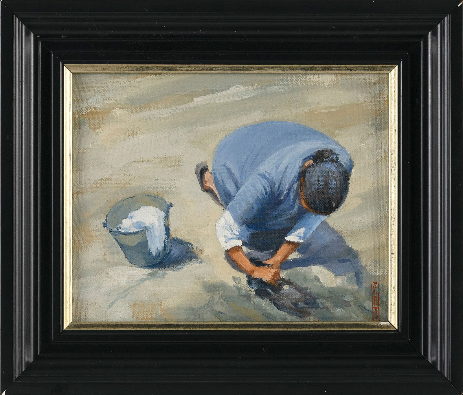 CONTEMPORARY SCHOOL (20th/21st Century,), Washerwoman., Oil on canvas, 7.75" x 9.75". Framed 10.75": CONTEMPORARY SCHOOL20th/21st CenturyWasherwoman. Signed lower right "CBT" (artist untraced).Oil on canvas, 7.75" x 9.75". Framed 10.75" x 12.75".