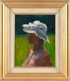 SUSAN GRISELL (Connecticut, 1946-), Mudhead portrait of a woman wearing a white hat., Oil on board,