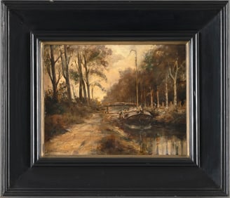 HENDERIKUS HAMMINGA (The Netherlands, 1918-1990), Sailboat in a canal., Oil on masonite, 7" x 9.5".