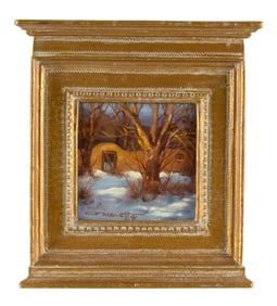 GARY LAWRENCE NIBLETT (New Mexico/California, 1943-), "Last Light"., Oil on board, 6" x 6". Framed