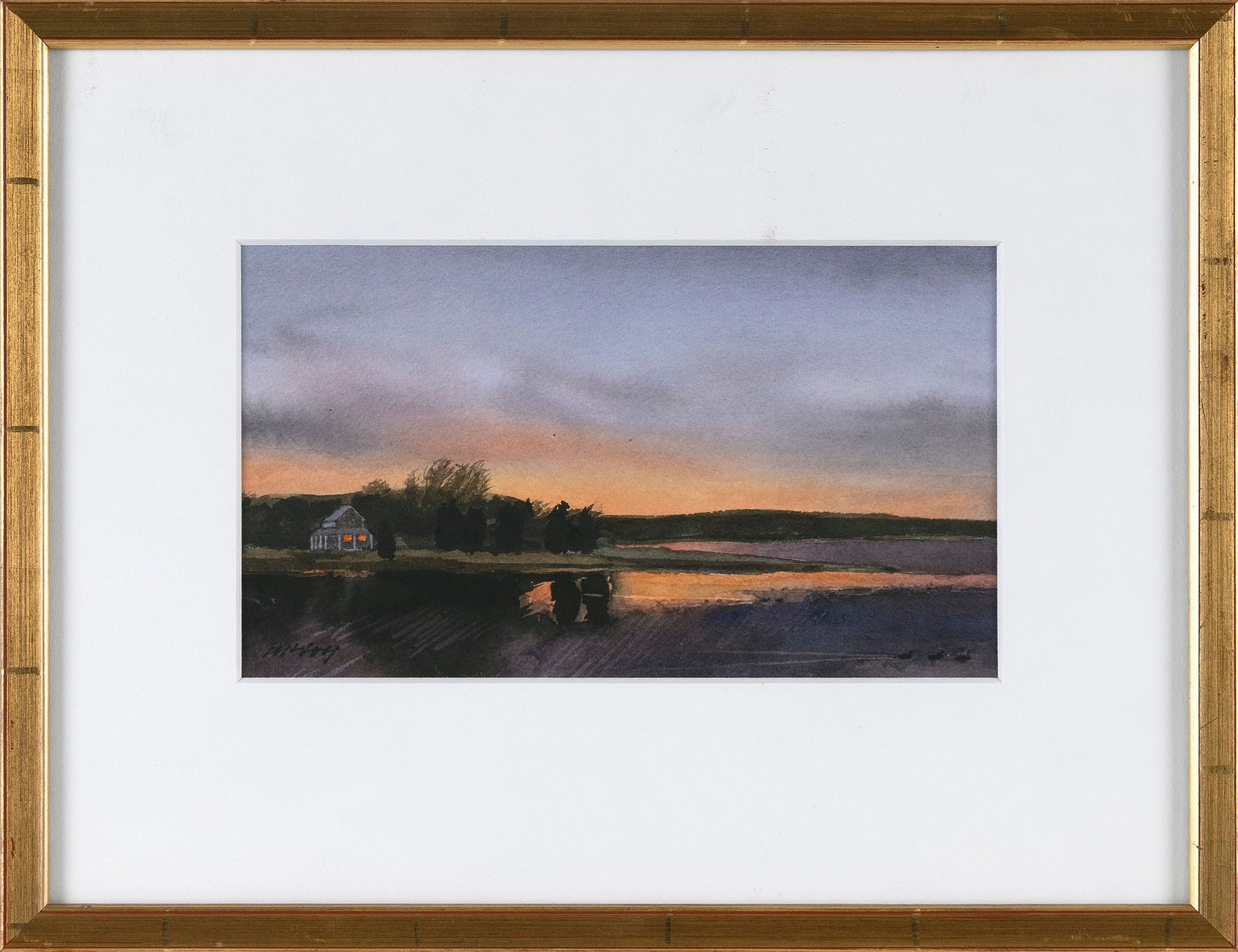 RHODE ISLAND SCHOOL (Contemporary,), "Retreat at Twilight"., Mixed media on paper, 5.5" x 9.25".: RHODE ISLAND SCHOOLContemporary"Retreat at Twilight". Signed lower left.Mixed media on paper, 5.5" x 9.25". Framed 12" x 15.25".