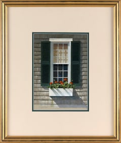 R. BENJAMIN JONES (Maryland, 1936-2017), "Green Shutters"., Tempera, 12" x 8.5" sight. Framed 22.5"