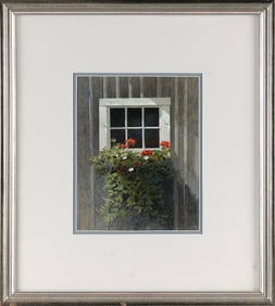 R. BENJAMIN JONES (Maryland, 1936-2017), "His Shed, Her Flowers"., Tempera, 10.25" x 8" sight.