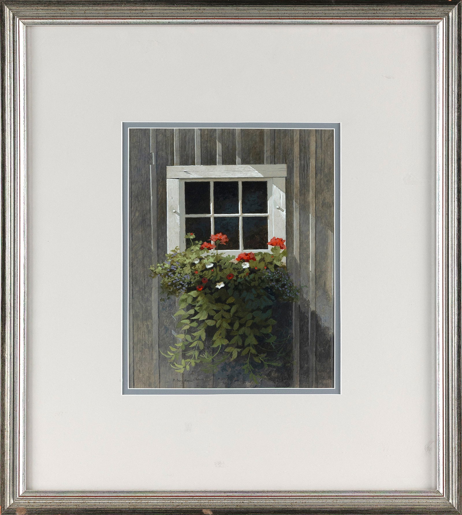 R. BENJAMIN JONES (Maryland, 1936-2017), "His Shed, Her Flowers"., Tempera, 10.25" x 8" sight. (1 of 2)