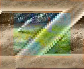 GARY DAVID HOFFMANN (Massachusetts/Michigan, 1947-), A woman picking flowers., Oil on board, 9" x