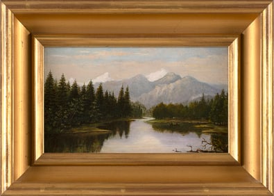 ATTRIBUTED TO WILLIAM BARKER (19th Century,), Mountain landscape., Oil on board, 4.5" x 7.75".