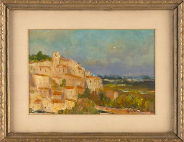 PIERRE LAGARDE (France, 1853-1910), Village on a hill., Oil on board, 4.25" x 6.25" sight. Framed 7"