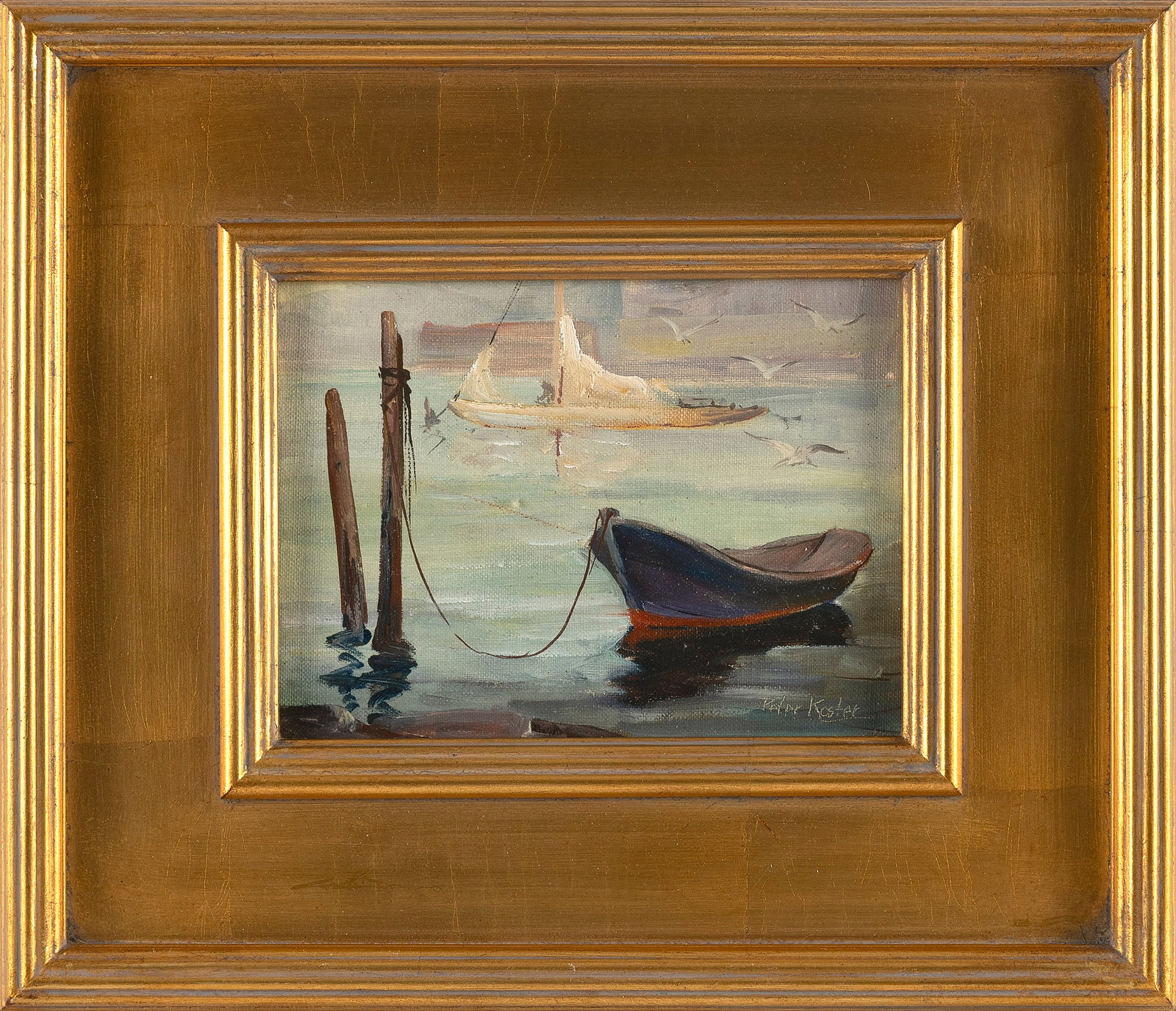 PETER KOSTER (Massachusetts/Florida, 1891-1978), "The Dory"., Oil on canvas board, 6" x 8". Framed: PETER KOSTER Massachusetts/Florida, 1891-1978 "The Dory". Signed lower right "Peter Koster". Titled verso. Oil on canvas board, 6" x 8". Framed 12.25" x 14.25".