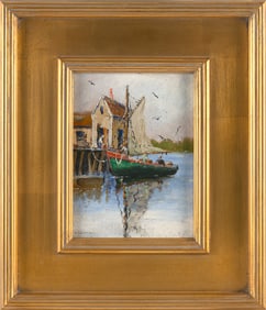W.H. GODFREY (Massachusetts, Mid-20th Century), At the dock., Oil on board, 8.5" x 6.25". Framed 14"
