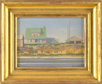 ROBERT T. SWEENEY (Massachusetts, 1948-), "Shore House"., Oil on board, 6" x 8". Framed 9" x 11".