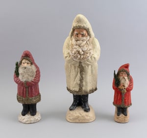 THREE GERMAN SANTA CLAUS FIGURES Early 20th Century Heights from 9" to 16".