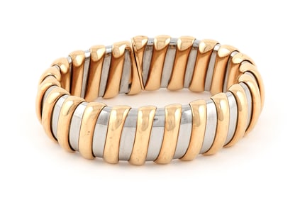 BULGARI TUBOGAS 18KT GOLD AND STAINLESS STEEL FLEXIBLE BANGLE BRACELET 20th Century Approx. 52.6