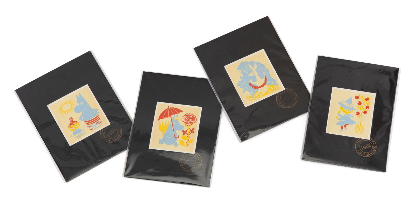TOVE MARIKA JANSSON (Finland/Sweden, 1914-2001), Series of four portraits of Jansson's Moomin: TOVE MARIKA JANSSON Finland/Sweden, 1914-2001 Series of four portraits of Jansson's Moomin characters, 1956: "Moomintroll & Little My", "Snufkin", "Snorkmaiden" and "Sniff". Printed by Kromipaino, Hel