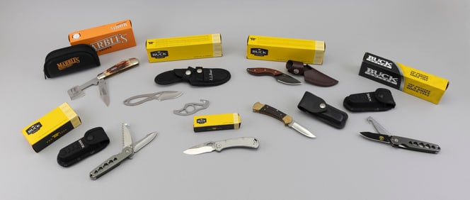 SIX BUCK KNIVES AND A MARBLES MR111 KNIFE Contemporary Lengths 4", 4.5" and 6.5".