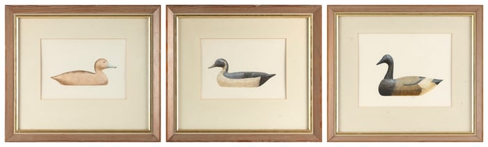 JOSEPH CIBULA (Connecticut, 1946-), Three portraits of decoys: a pintail drake, a redhead hen and a