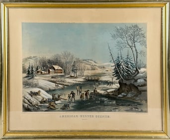 CURRIER & IVES HAND-COLORED LITHOGRAPH "AMERICAN WINTER SCENES. MORNING" 1854 Image 16.5" x 24".