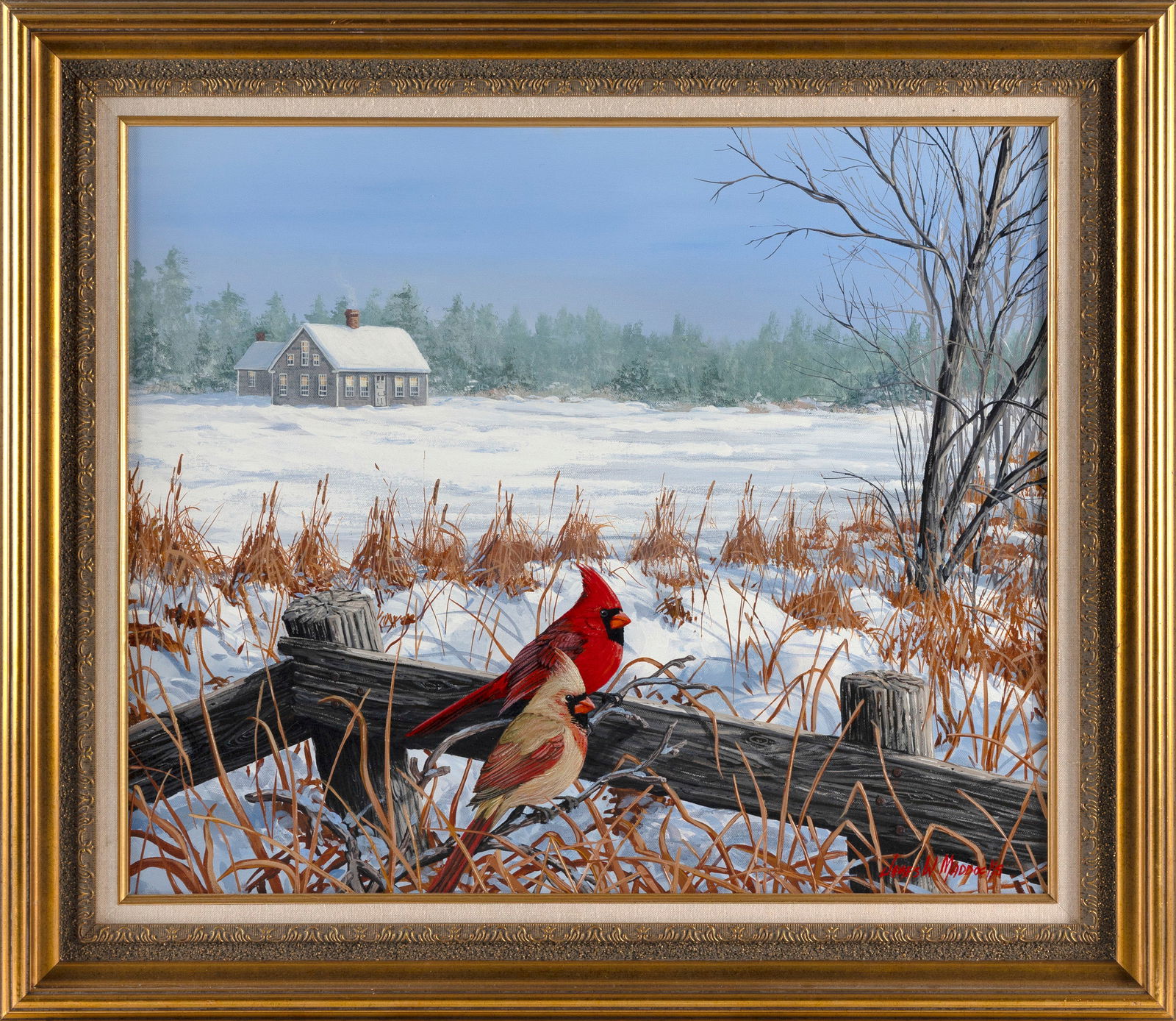 JAMES W. MADDOCKS (Massachusetts, Contemporary), Bucolic winter scene with cardinals perched on a (1 of 2)