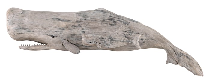 ROGER MITCHELL CARVED SPERM WHALE AND CALF PLAQUE Massachusetts, Contemporary Length 24".