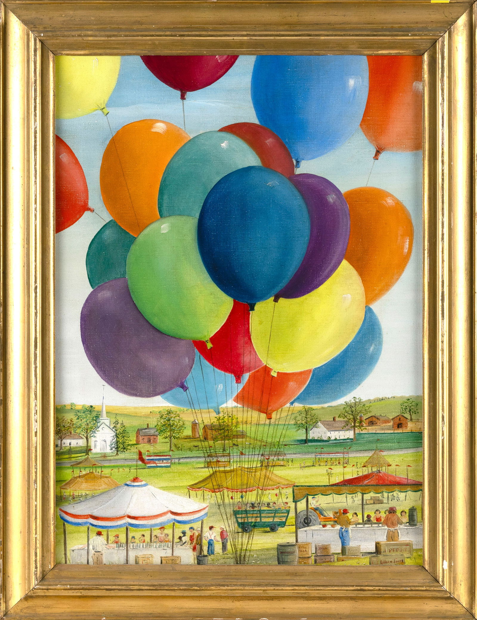 LILLIAN JONES (America, 20th Century), "Church Fair"., Oil on canvas, 22" x 16". Framed 26" x 20". (1 of 2)