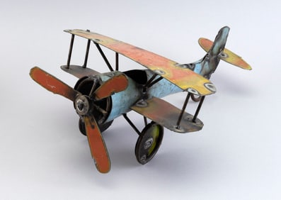 METAL BIPLANE TOY Contemporary Height 7.5". Length 15".