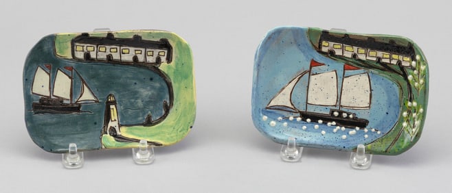 ANNE BARRELL (England, Contemporary), Two "postcard plates" depicting sailboats in a harbor.,