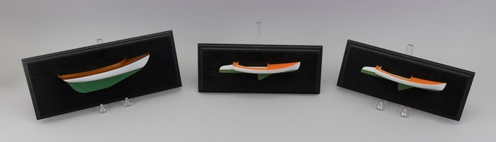 THREE MARSOM B. PRATT MOUNTED HALF HULL MODELS Massachusetts, 1923-2009 Largest backboard 5.5" x