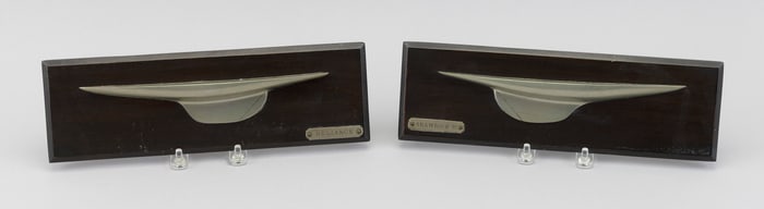 PAIR OF VICTOR METAL CO. MOUNTED HALF HULL YACHT MODELS Early 20th Century Lengths 11".