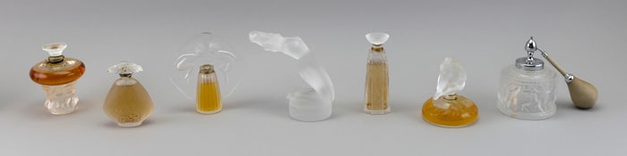 SIX LALIQUE FROSTED GLASS PERFUME BOTTLES AND A "CHRYSIS" CAR MASCOT France, Late 20th Century