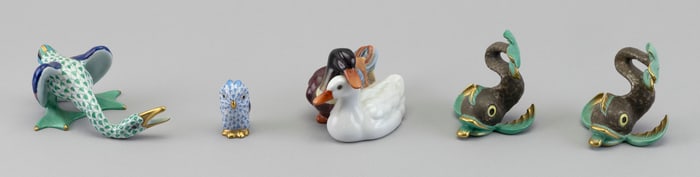 FIVE HEREND PORCELAIN ANIMALS Hungary, 20th Century Heights from 2" to 4".