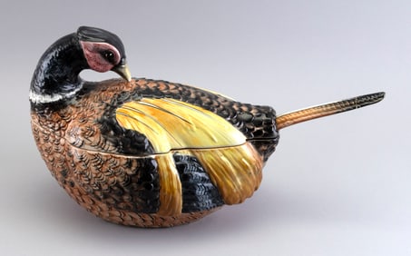 CERAMIC PREENING PHEASANT TUREEN Late 20th Century Height 11". Length 14".