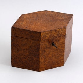 BURLWOOD TEA CADDY 19th Century Height 4.25". Width 6". Depth 4".