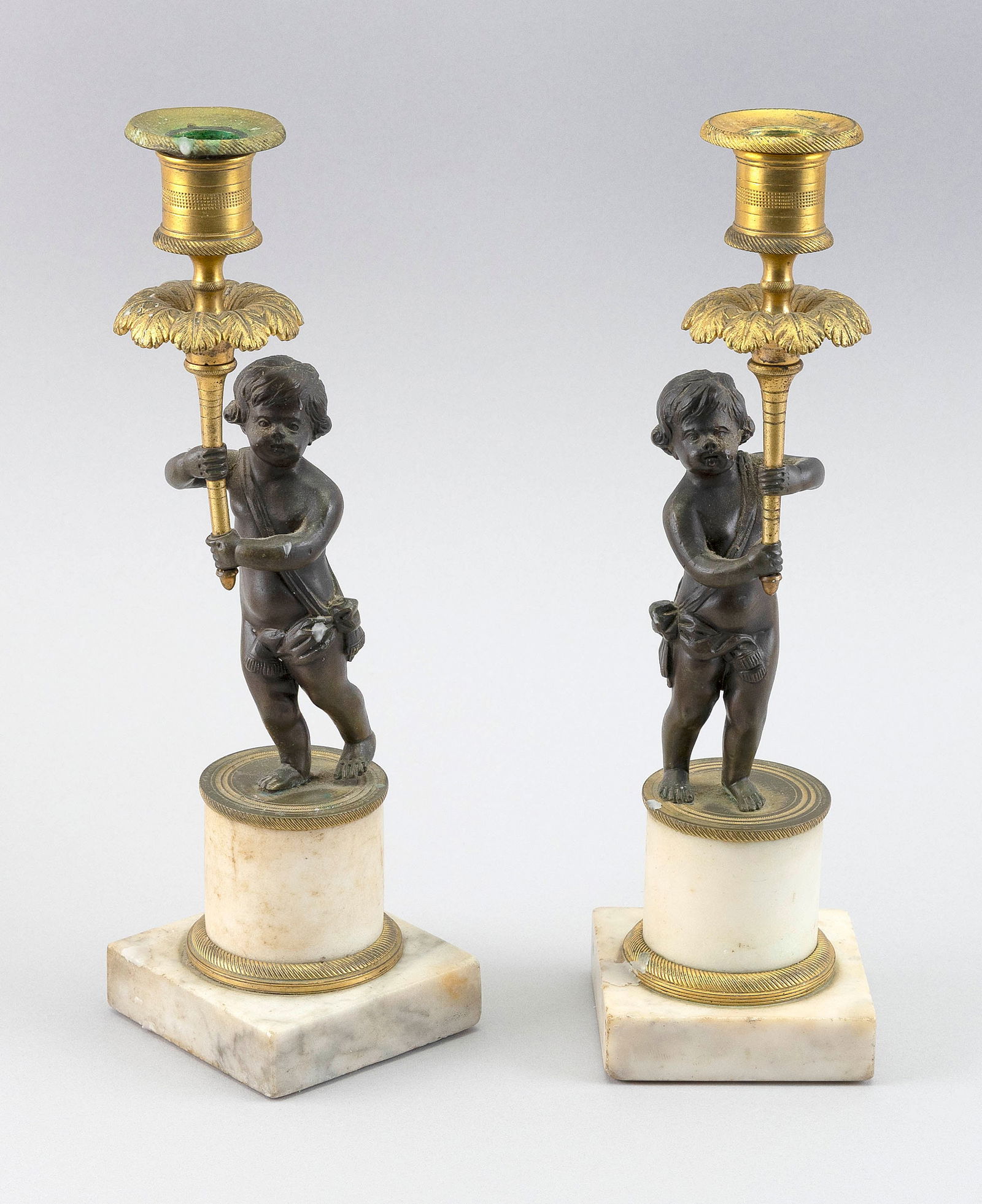 PAIR OF FRENCH EMPIRE PUTTO CANDLESTICKS 19th Century Heights 11". (1 of 3)