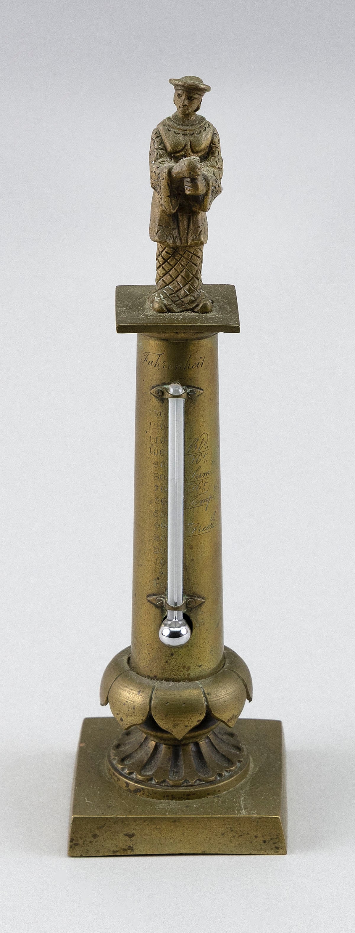GRAND TOUR BRONZE THERMOMETER Late 19th Century Height 8.75".: GRAND TOUR BRONZE THERMOMETER Late 19th Century Formed as a robed figure atop a column. Contains mercury. Height 8.75". Provenance: The Estate of Harold Smalley, Osterville, Massachusetts.