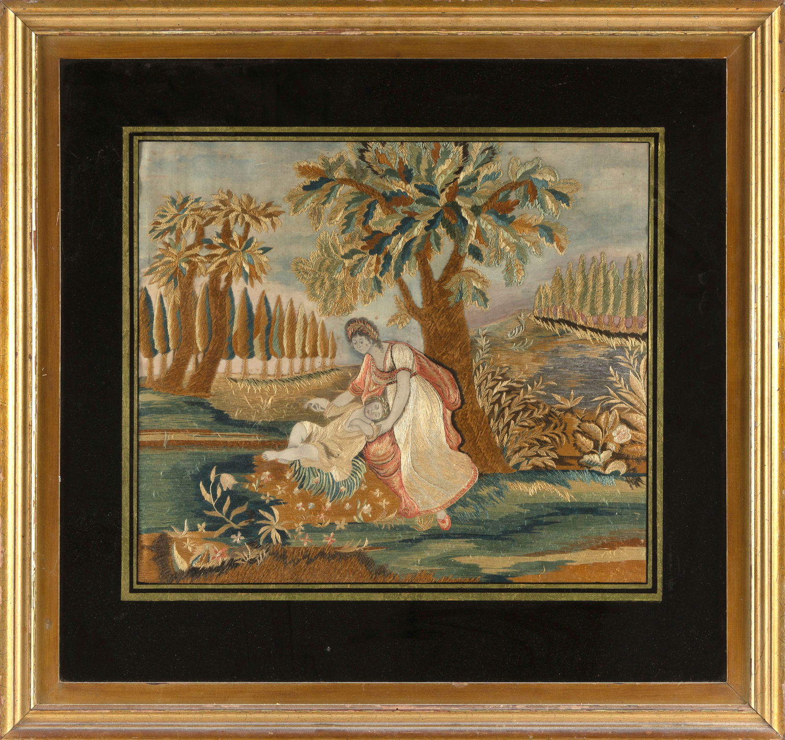 SILK NEEDLEWORK PICTURE OF A WOMAN AND CHILD BY A RIVER Early 19th Century 16.5" x 18.25" sight. (1 of 2)