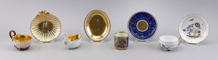 FOUR FINE CONTINENTAL PORCELAIN CUPS AND SAUCERS Mostly 19th Century Cup heights from 2" to 3.5".