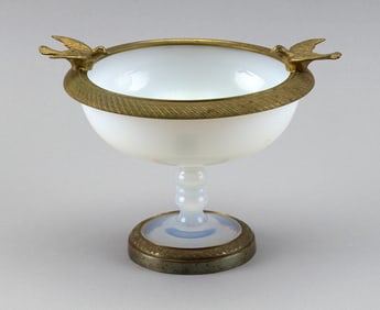 RARE SIGNED SEVRES OPALINE OR OPALESCENT GLASS FOOTED COMPOTE France, Early 20th Century Height 6".