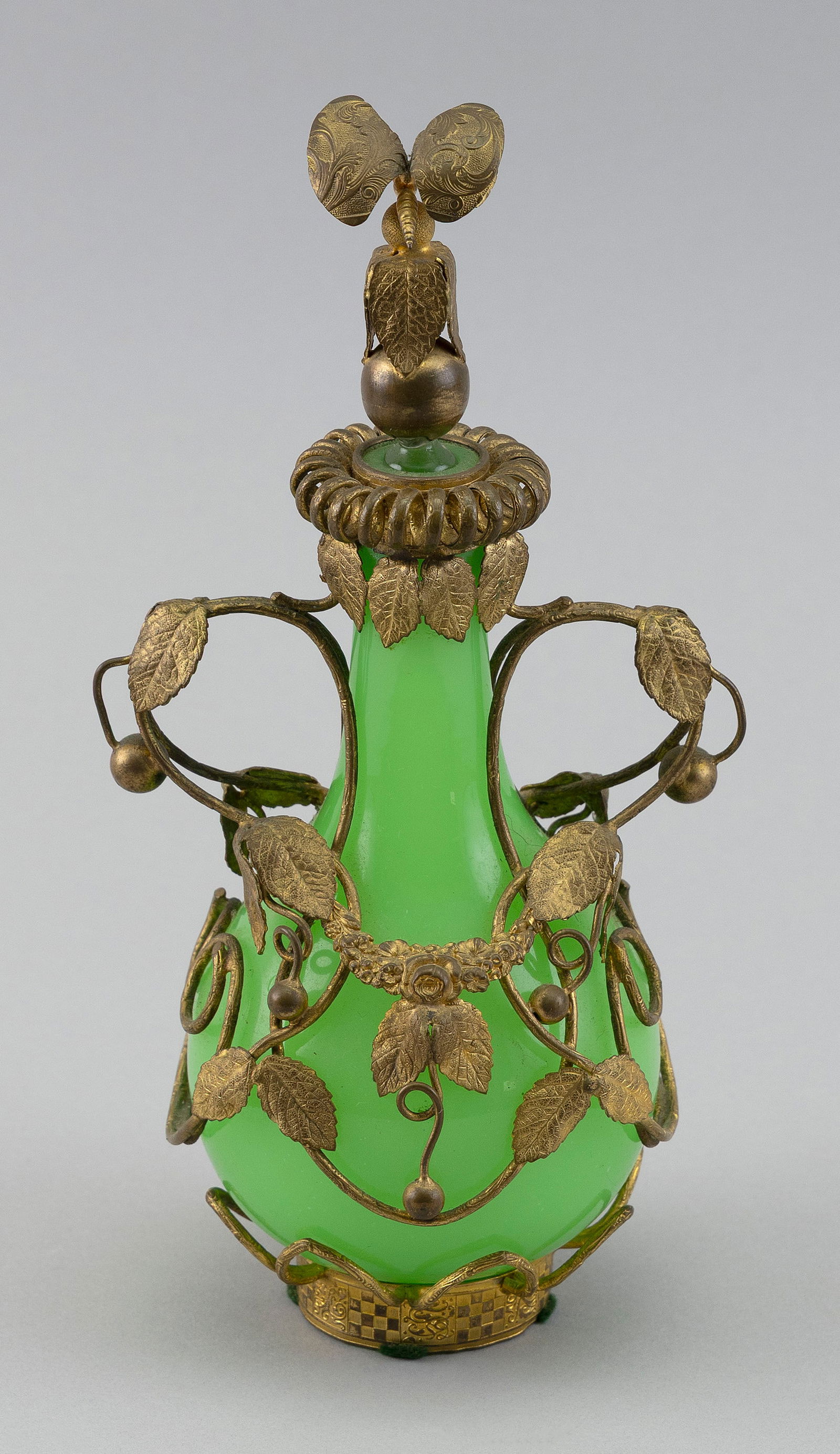 RARE FRENCH GREEN OPALINE GLASS PERFUME BOTTLE WITH ORMOLU MOUNTS 19th Century Height 8.75". (1 of 3)