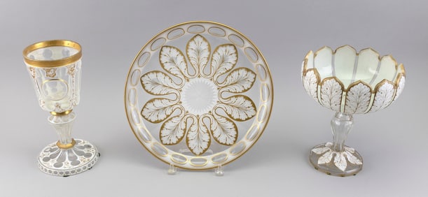 THREE PIECES OF BOHEMIAN CUT OVERLAY GLASS 19th Century