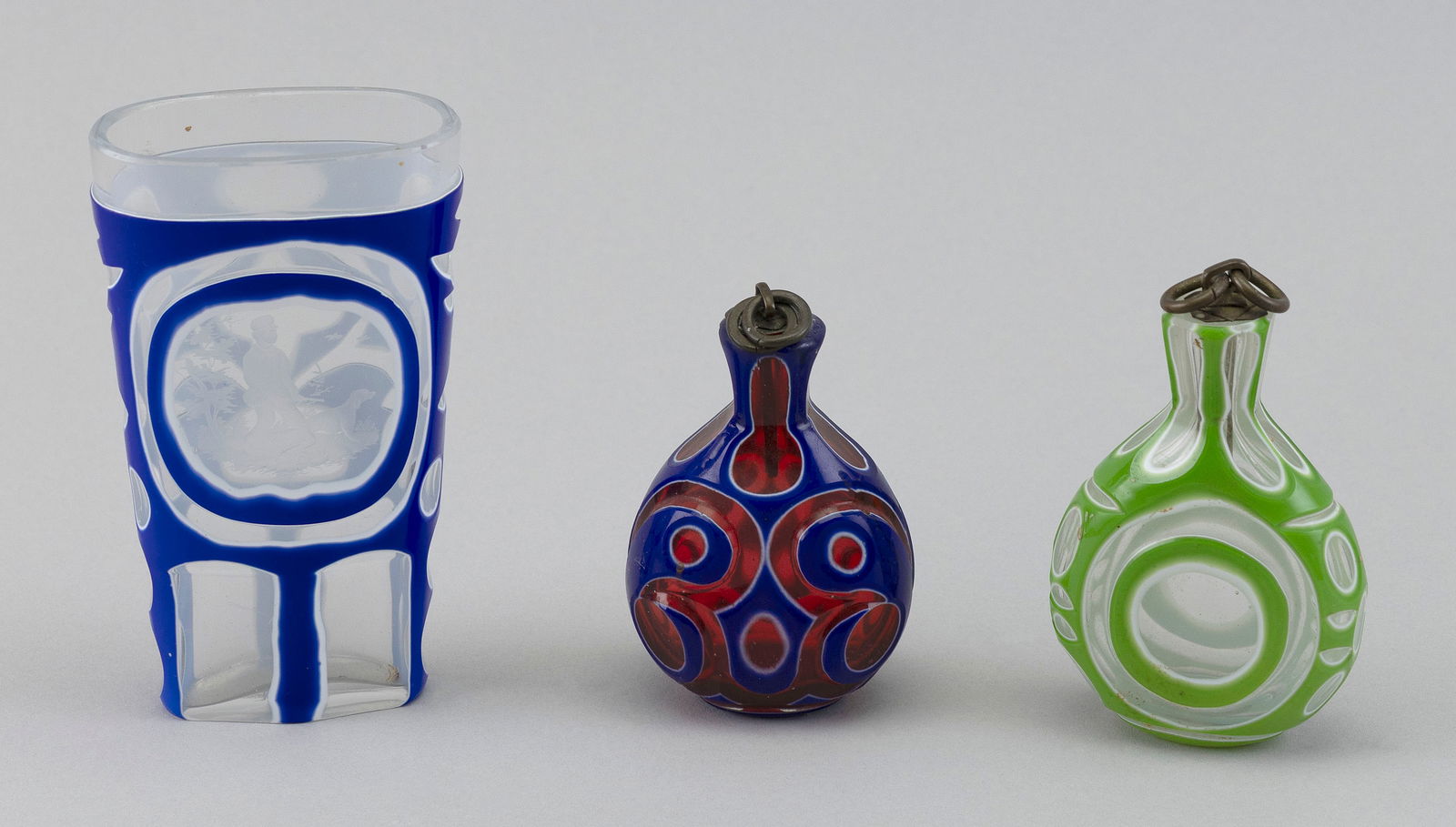 THREE PIECES OF BOHEMIAN DOUBLE OVERLAY GLASS 19th Century (1 of 4)