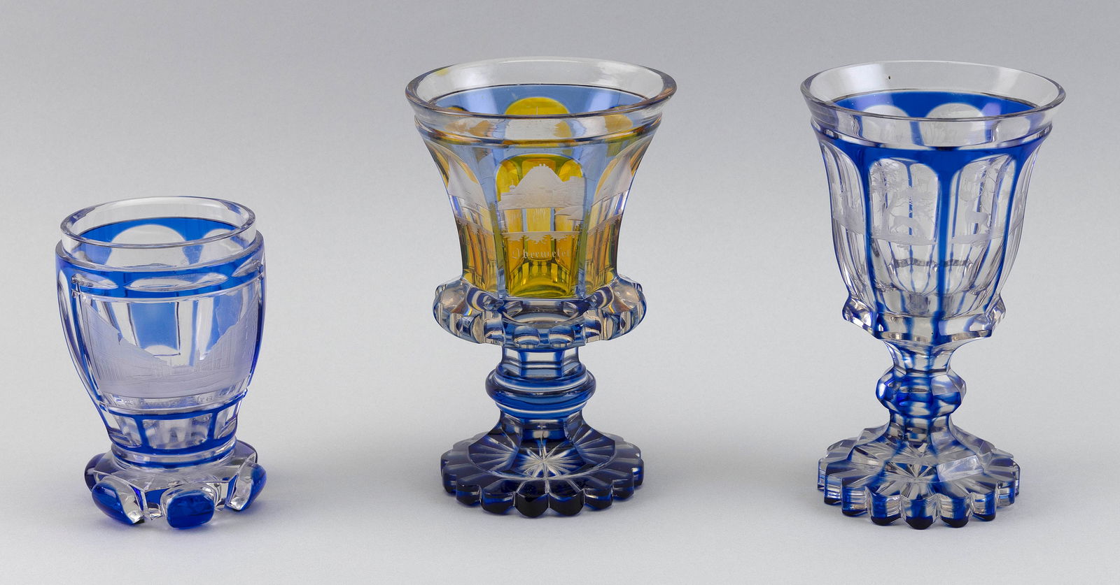 THREE PIECES OF BOHEMIAN BIEDERMEIER CUT OVERLAY GLASS 19th Century (1 of 3)
