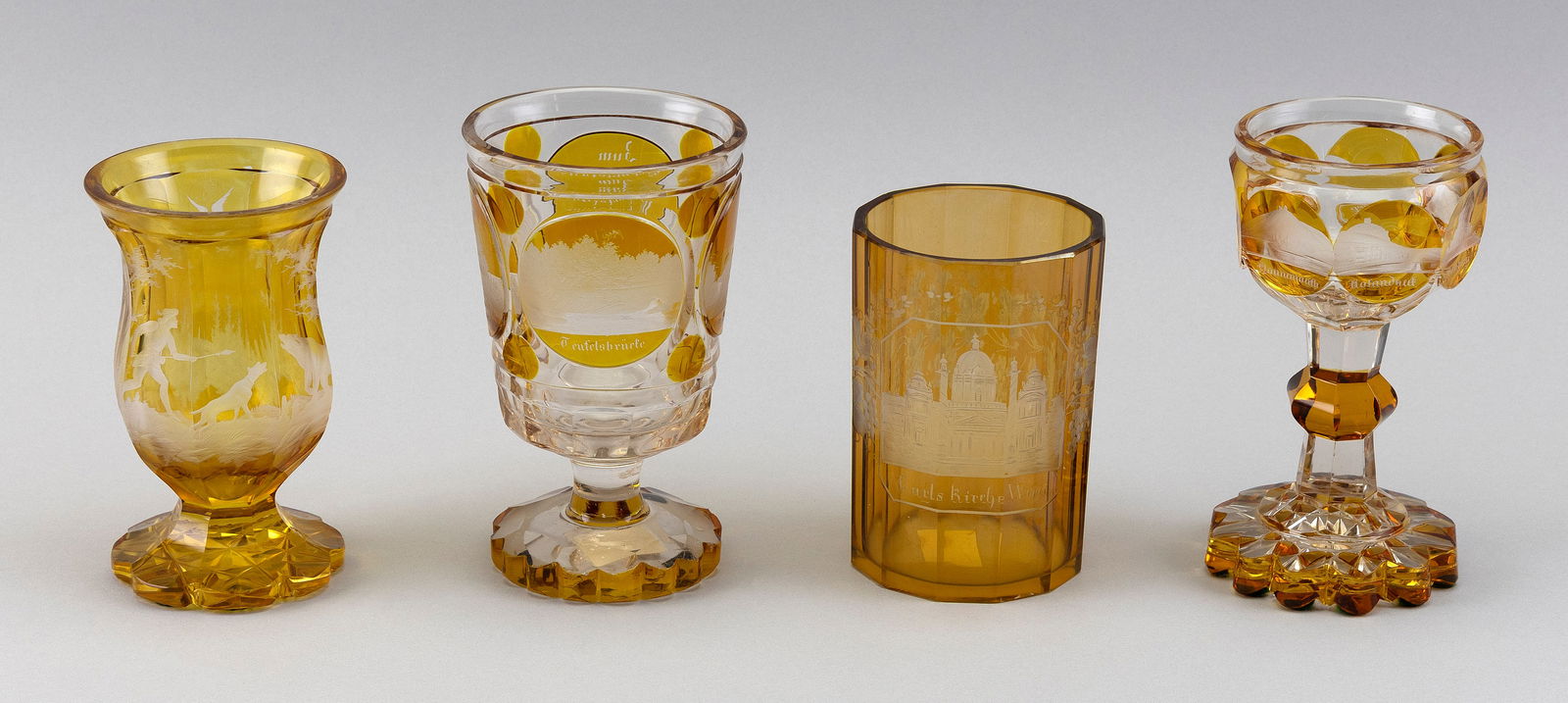 FOUR BIEDERMEIER AMBER FLASHED DRINKING GLASSES Germany/Bohemia, 19th Century Heights from 5" to (1 of 7)