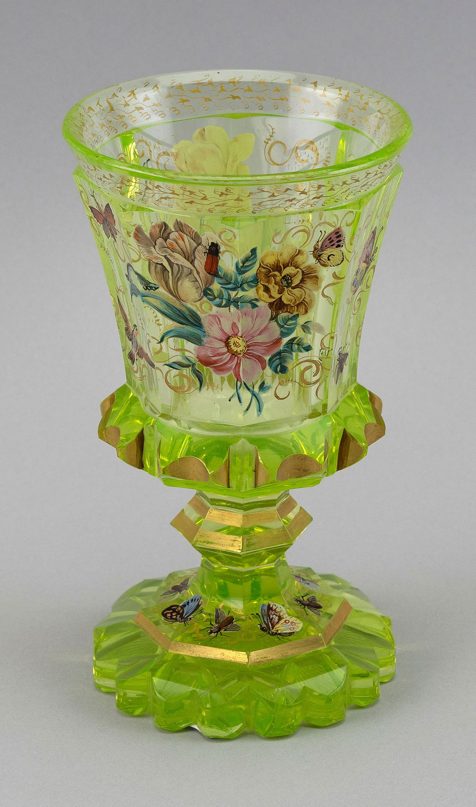 BIEDERMEIER PERIOD BOHEMIAN CUT URANIUM GLASS CHALICE  19th Century Height 7.25". Base diameter (1 of 4)