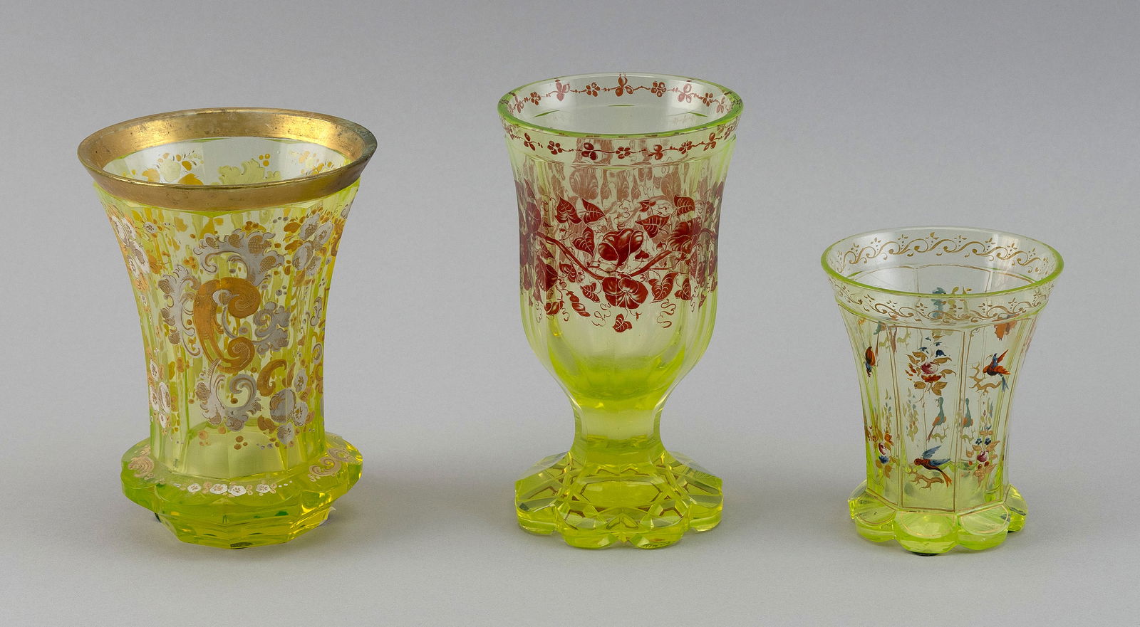 THREE BOHEMIAN BIEDERMEIER URANIUM GLASS BEAKERS 19th Century Heights from 4" to 6". (1 of 2)