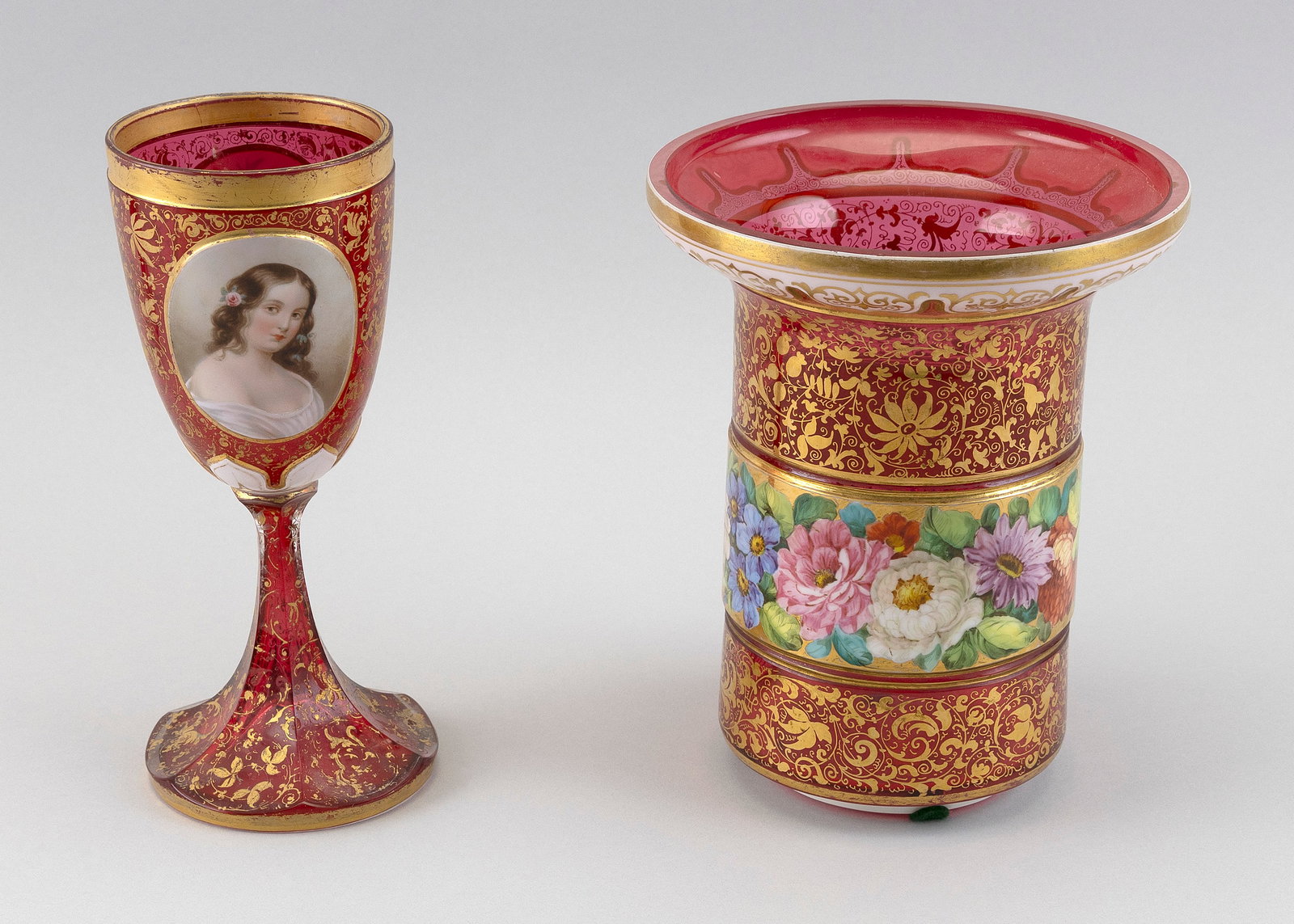 TWO PIECES OF FINE BOHEMIAN CUT OVERLAY GLASS 19th Century Heights 7.75" and 8.375". (1 of 3)