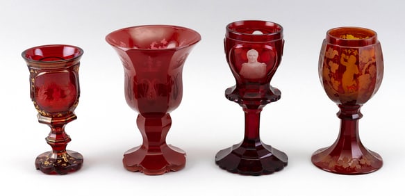 FOUR PIECES OF FINE RUBY FLASHED AND ETCHED GLASS Bohemia and Germany, 19th Century Heights from