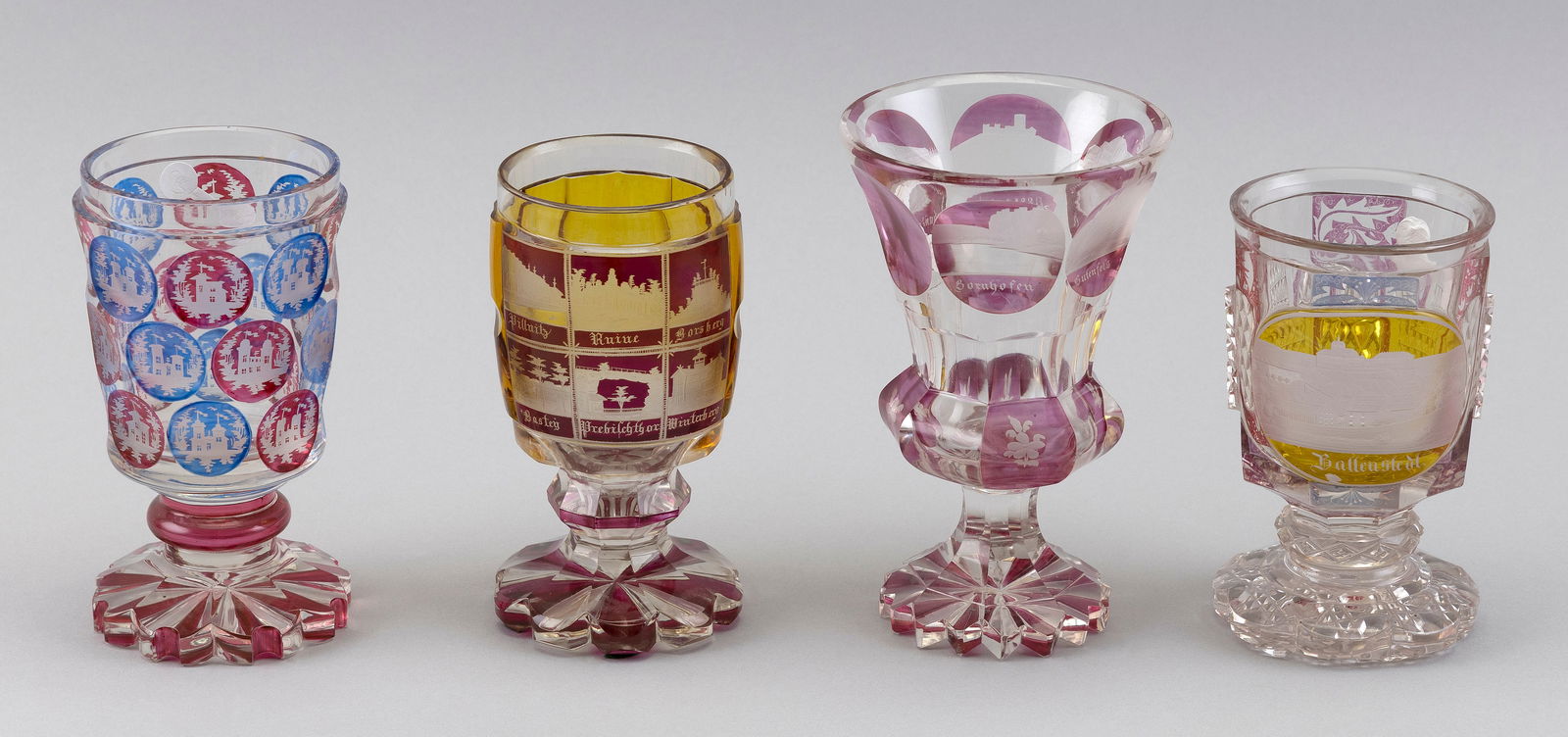 FOUR BIEDERMEIER FLASHED AND ETCHED GLASS BEAKERS Germany/Bohemia, 19th Century Heights from 5.25" (1 of 2)