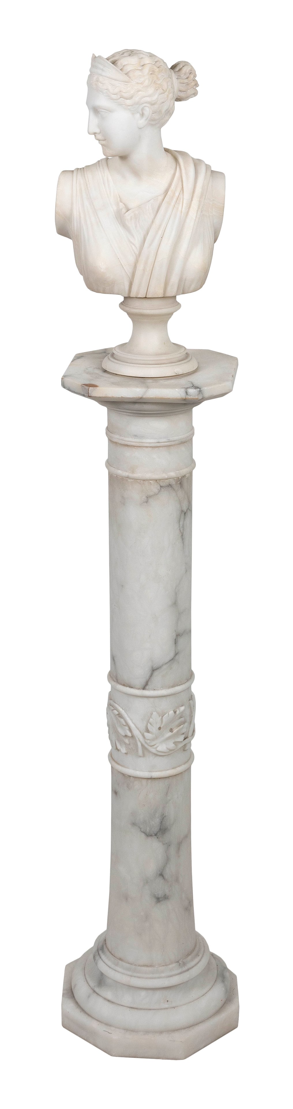 CLASSICAL WHITE MARBLE BUST OF DIANA WITH PEDESTAL Early to Mid-20th Century Total height 57". (1 of 2)