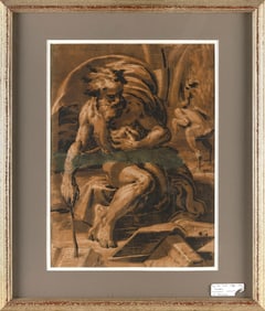 UGO DA CARPI (Italy, Circa 1450/80-1523/32), Diogenes., Chiaroscuro woodcut, 13.5" x 18.5". Framed