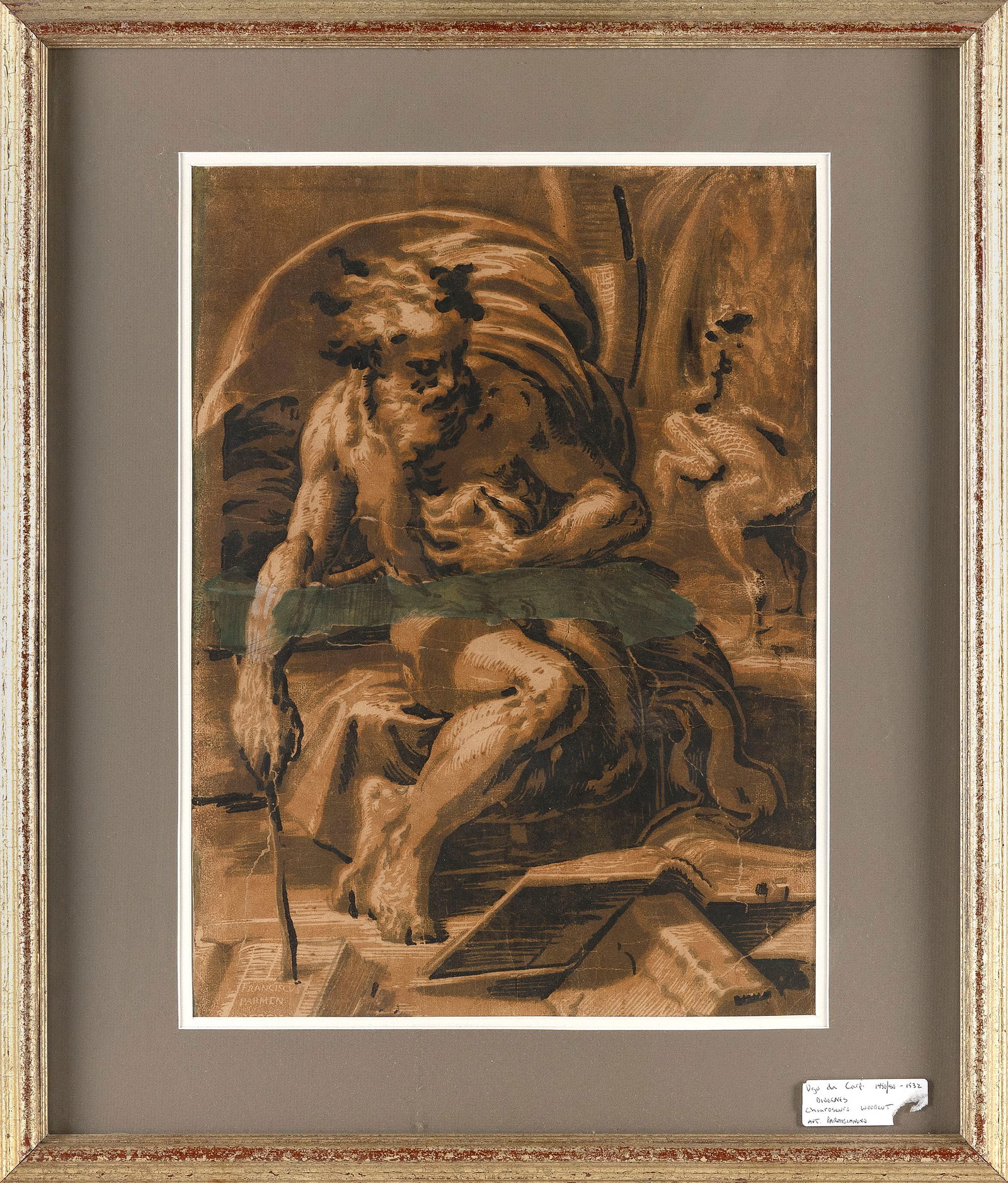 UGO DA CARPI (Italy, Circa 1450/80-1523/32), Diogenes., Chiaroscuro woodcut, 13.5" x 18.5". Framed (1 of 2)