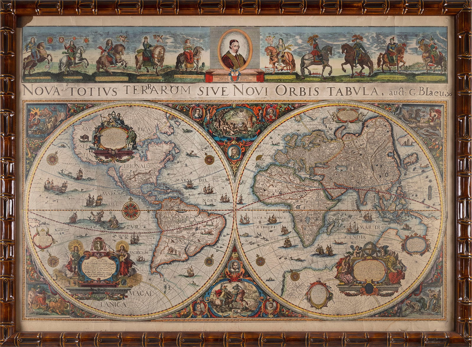 WALL MAP OF THE WORLD 39" x 54.5" sight. Framed 43" x 59".: WALL MAP OF THE WORLDEarly to Mid 20th Century. "Nova Totius Terrarum Sive Novi Orbis Tabvla", after the 1676 original by Blaeu.39" x 54.5" sight. Framed 43" x 59".